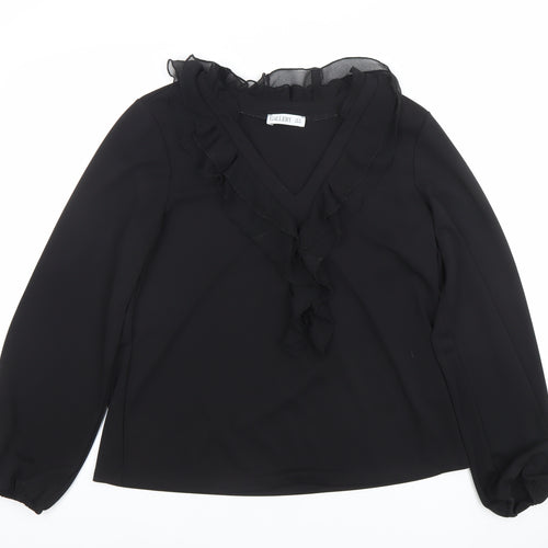 Gallery Womens Black Ruffle Chiffon V-Neck Long Sleeve Blouse Size 14