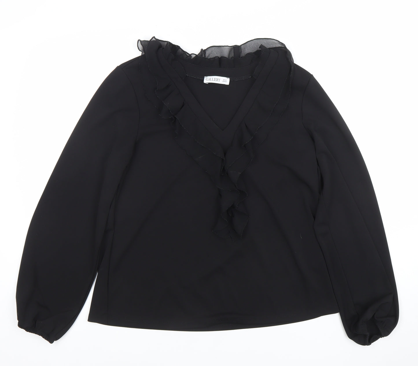 Gallery Womens Black Ruffle Chiffon V-Neck Long Sleeve Blouse Size 14