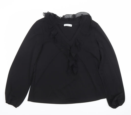 Gallery Womens Black Ruffle Chiffon V-Neck Long Sleeve Blouse Size 14