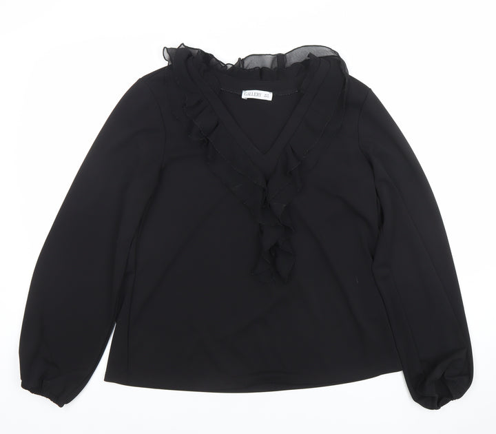 Gallery Womens Black Ruffle Chiffon V-Neck Long Sleeve Blouse Size 14
