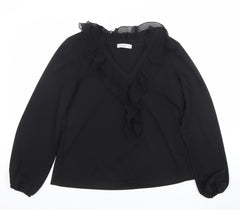 Gallery Womens Black Ruffle Chiffon V-Neck Long Sleeve Blouse Size 14