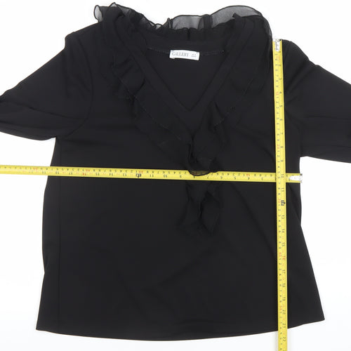 Gallery Womens Black Ruffle Chiffon V-Neck Long Sleeve Blouse Size 14