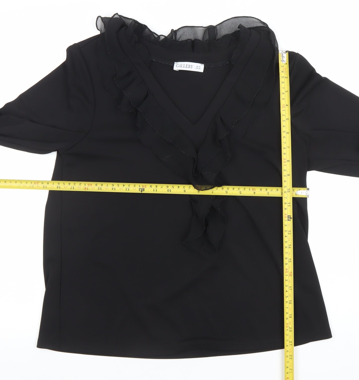 Gallery Womens Black Ruffle Chiffon V-Neck Long Sleeve Blouse Size 14