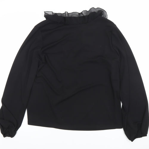 Gallery Womens Black Ruffle Chiffon V-Neck Long Sleeve Blouse Size 14