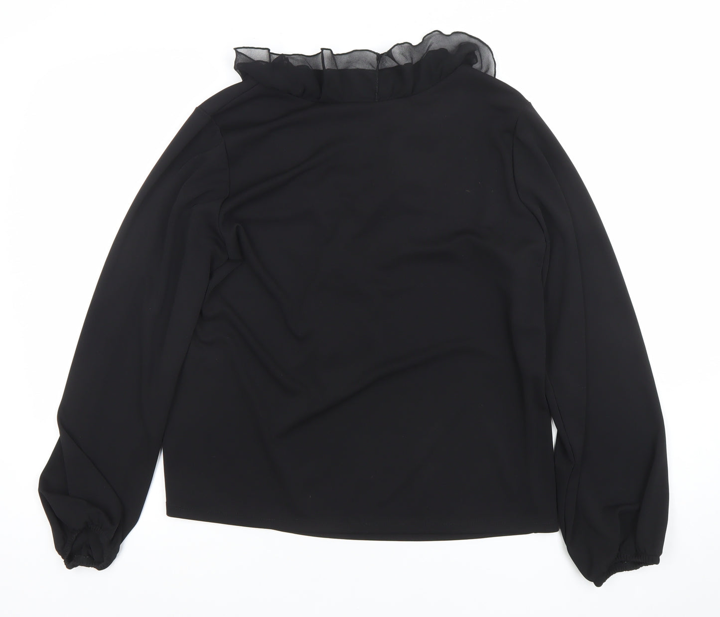 Gallery Womens Black Ruffle Chiffon V-Neck Long Sleeve Blouse Size 14