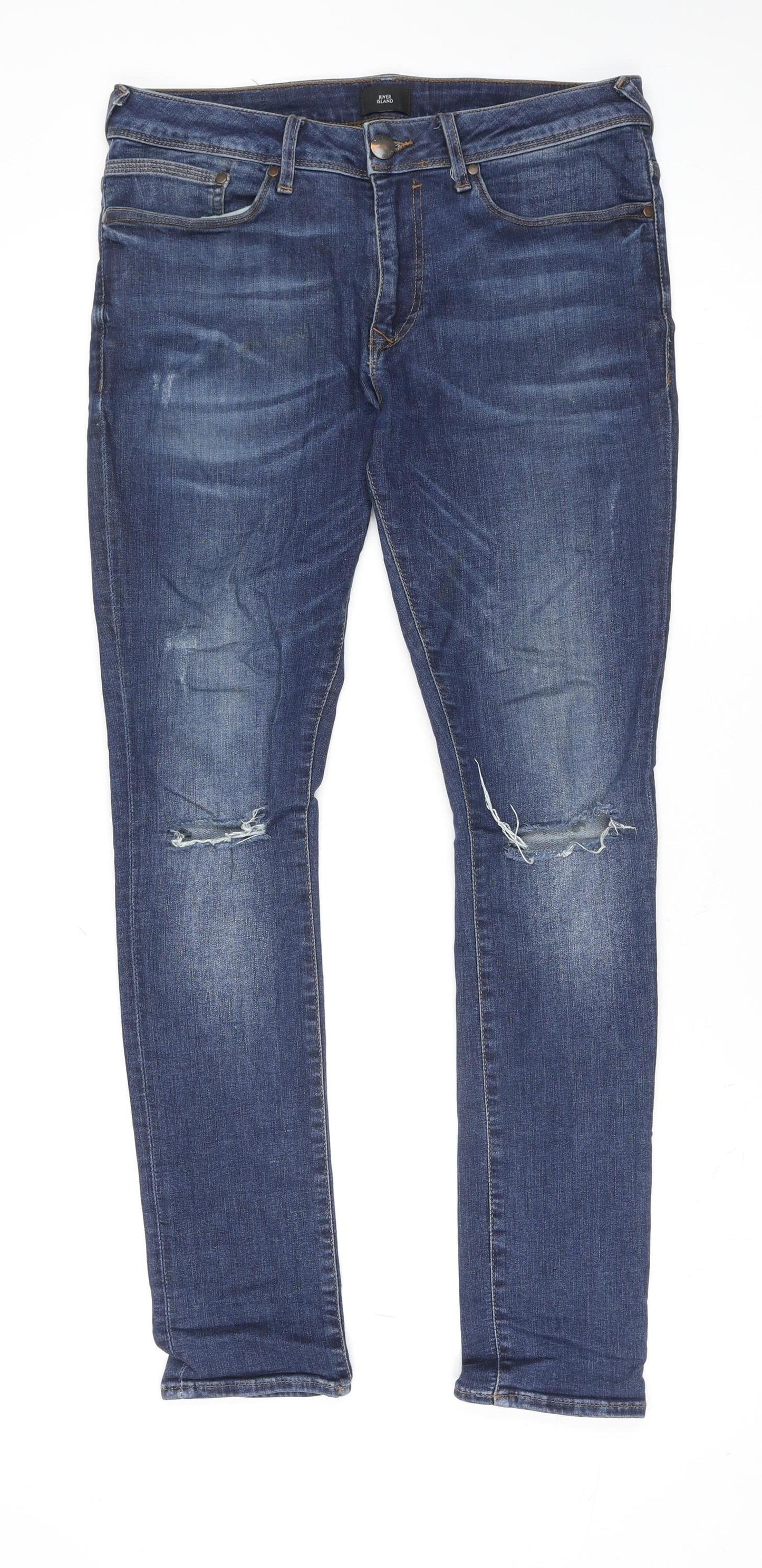 River Island Men’s Blue Distressed Skinny Fit Jeans 32R