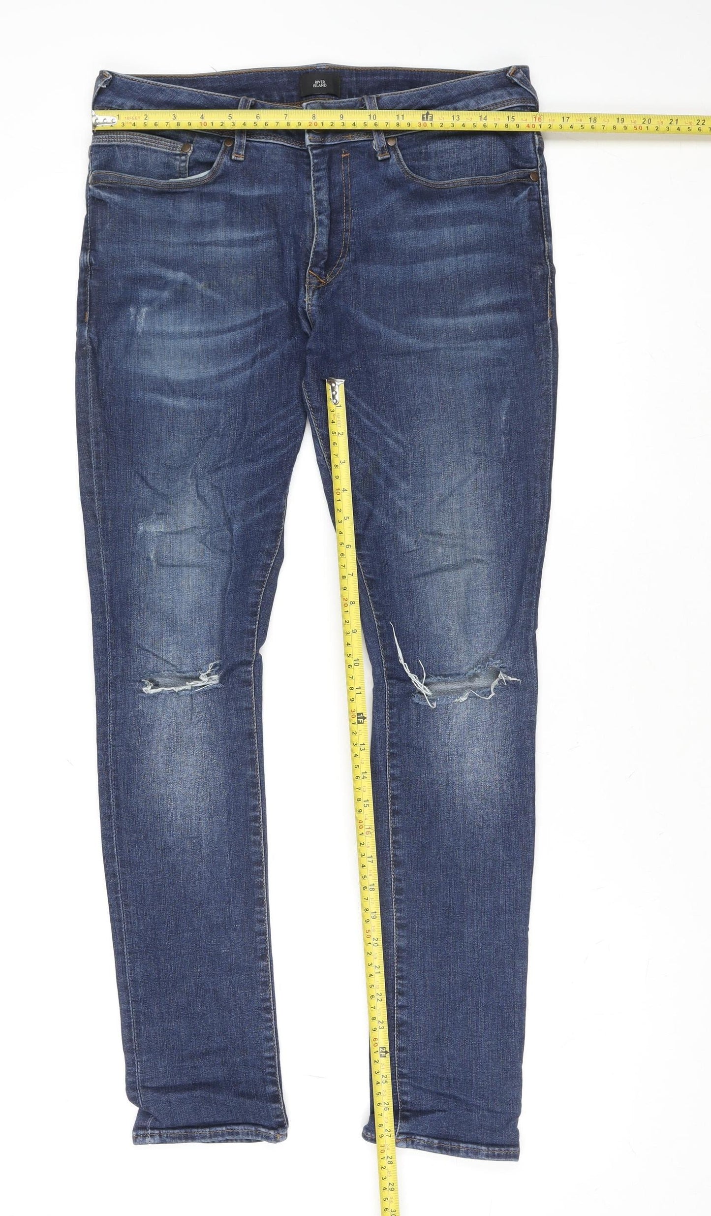 River Island Men’s Blue Distressed Skinny Fit Jeans 32R
