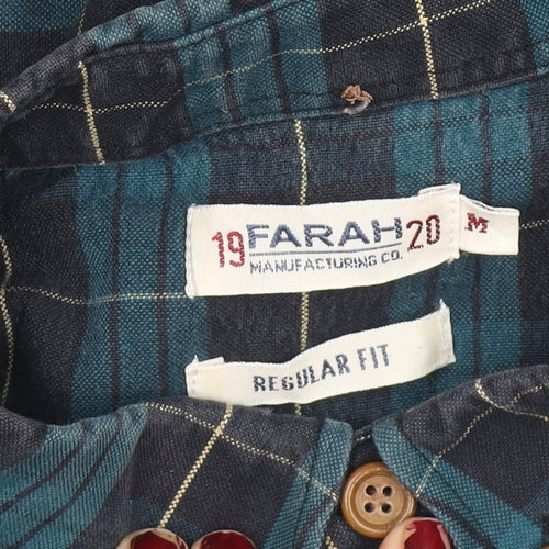 Farah Men's Blue Check Long Sleeve Regular Fit Cotton Shirt M