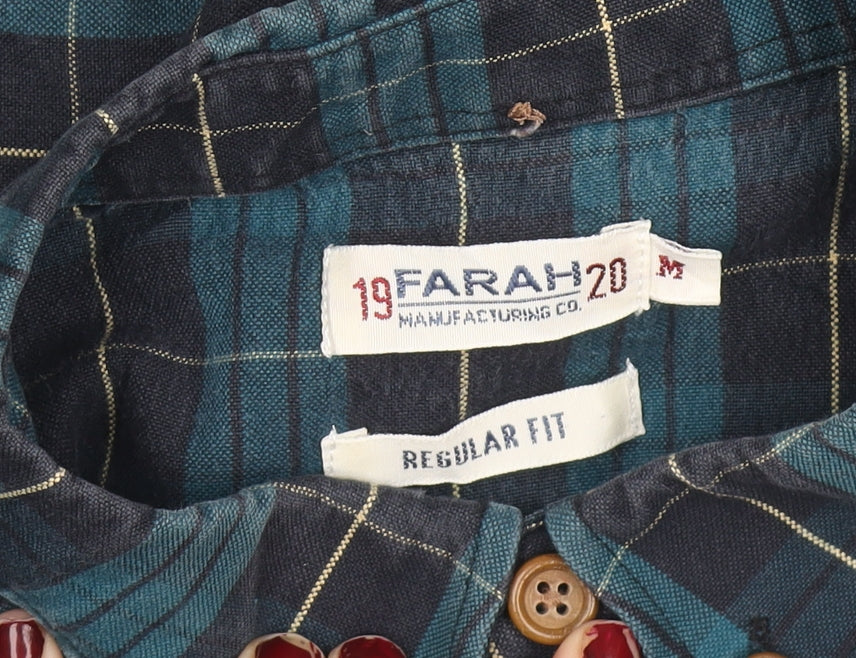 Farah Men's Blue Check Long Sleeve Regular Fit Cotton Shirt M
