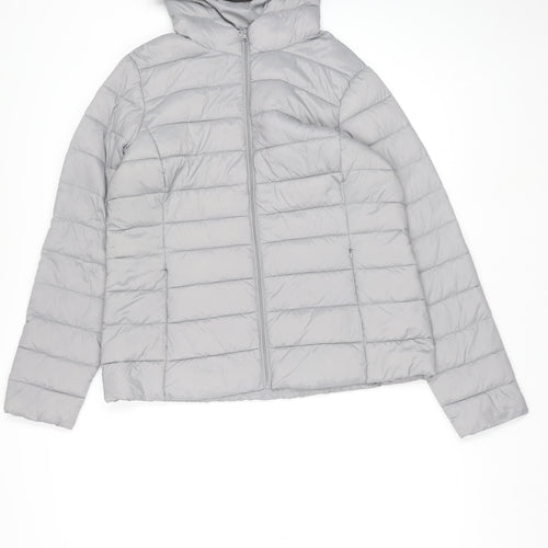 Dunnes Stores Womens Grey Lightweight Puffer Jacket L Hooded Shower Resistant