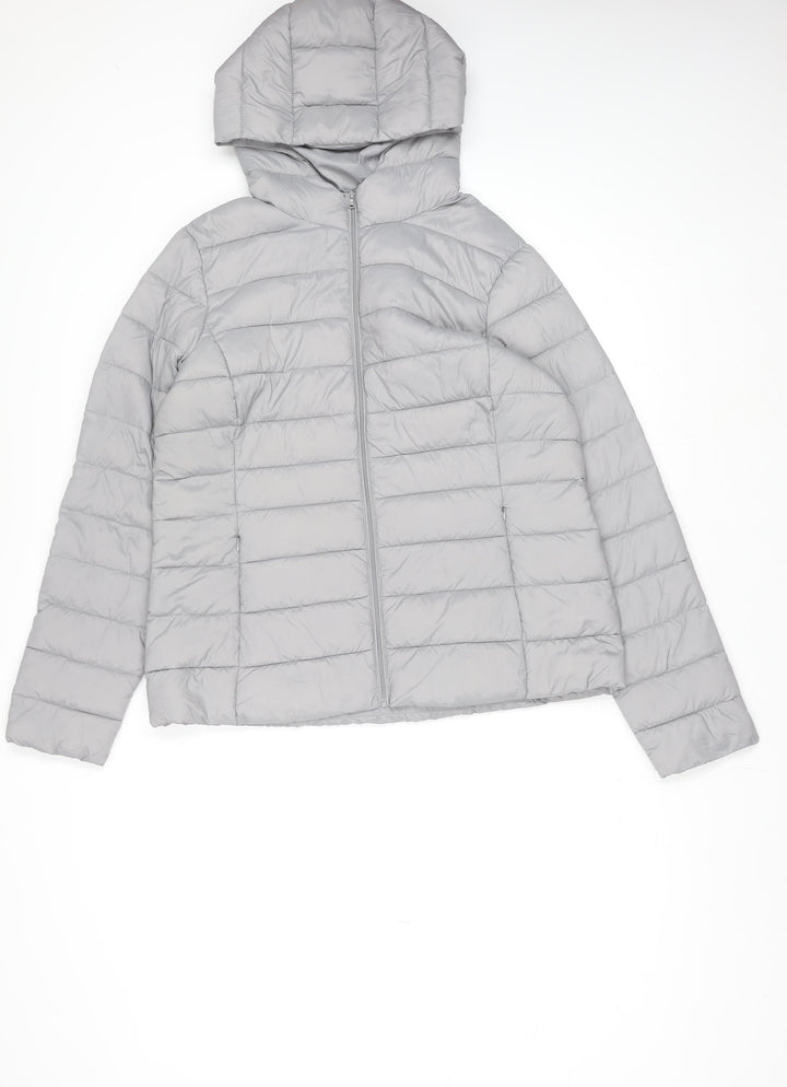 Dunnes Stores Womens Grey Lightweight Puffer Jacket L Hooded Shower Resistant