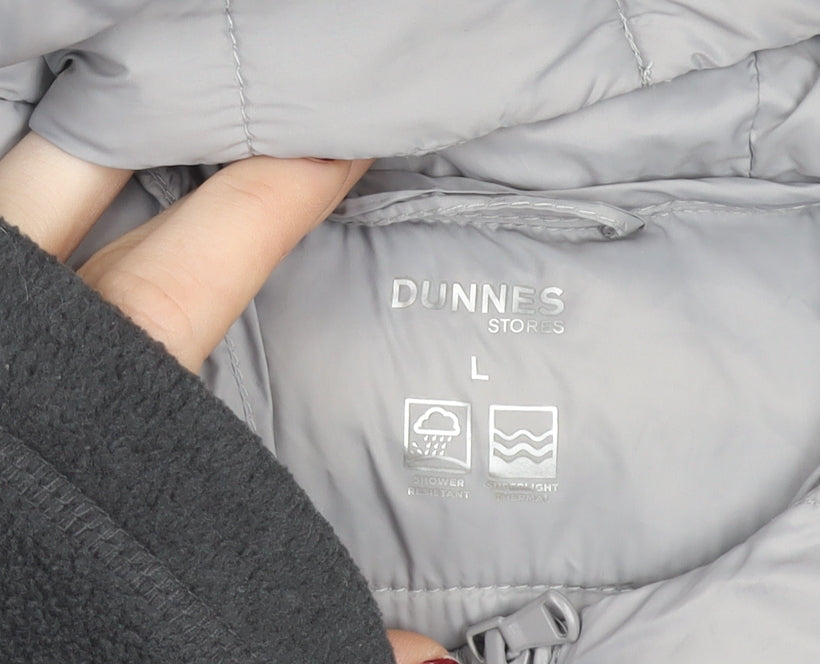 Dunnes Stores Womens Grey Lightweight Puffer Jacket L Hooded Shower Resistant