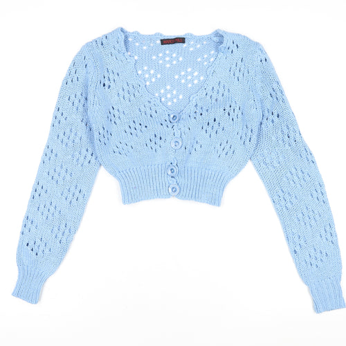 Marco Polo Women Blue V-Neck Open-Knit Button Cardigan M