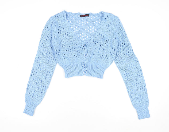 Marco Polo Women Blue V-Neck Open-Knit Button Cardigan M