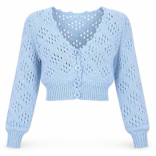 Marco Polo Women Blue V-Neck Open-Knit Button Cardigan M
