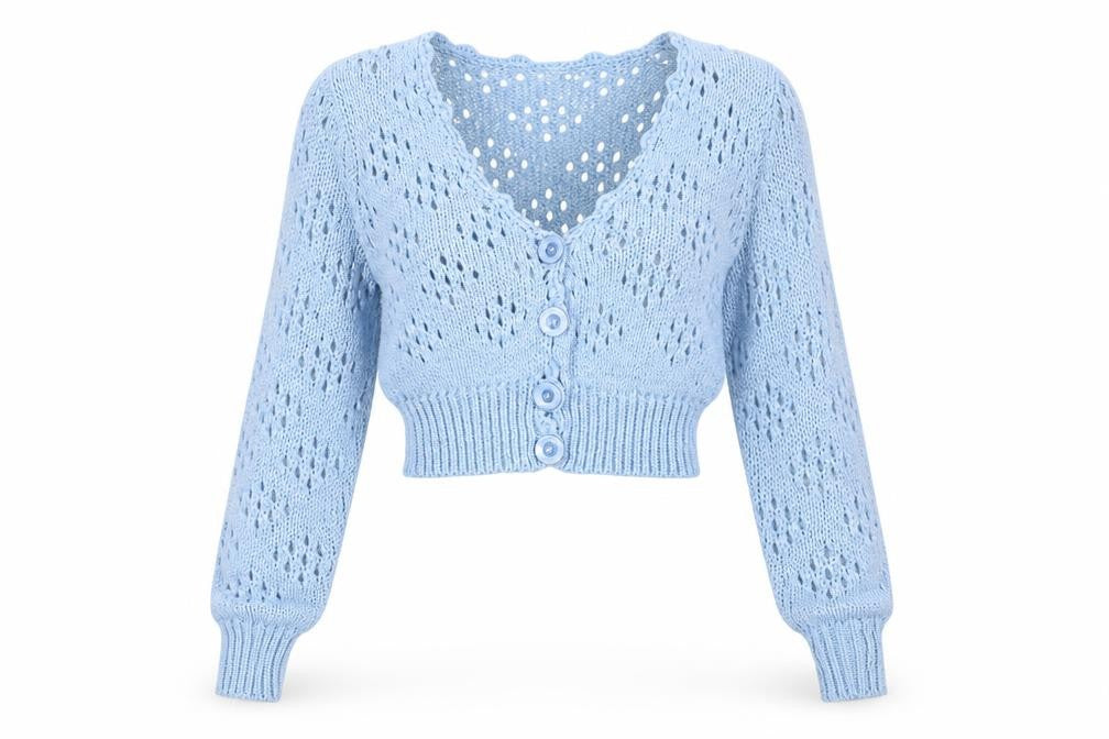 Marco Polo Women Blue V-Neck Open-Knit Button Cardigan M