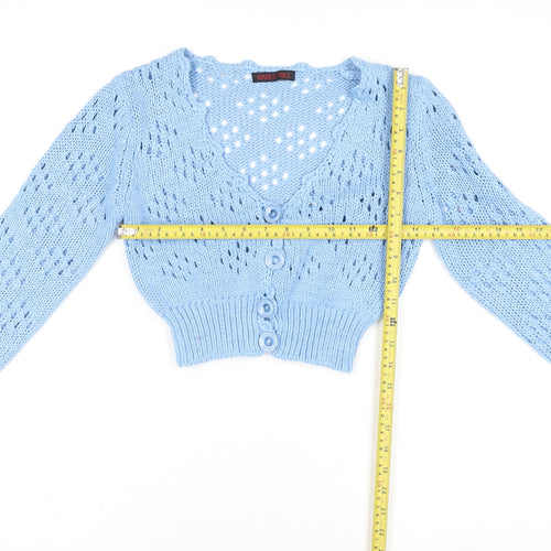 Marco Polo Women Blue V-Neck Open-Knit Button Cardigan M