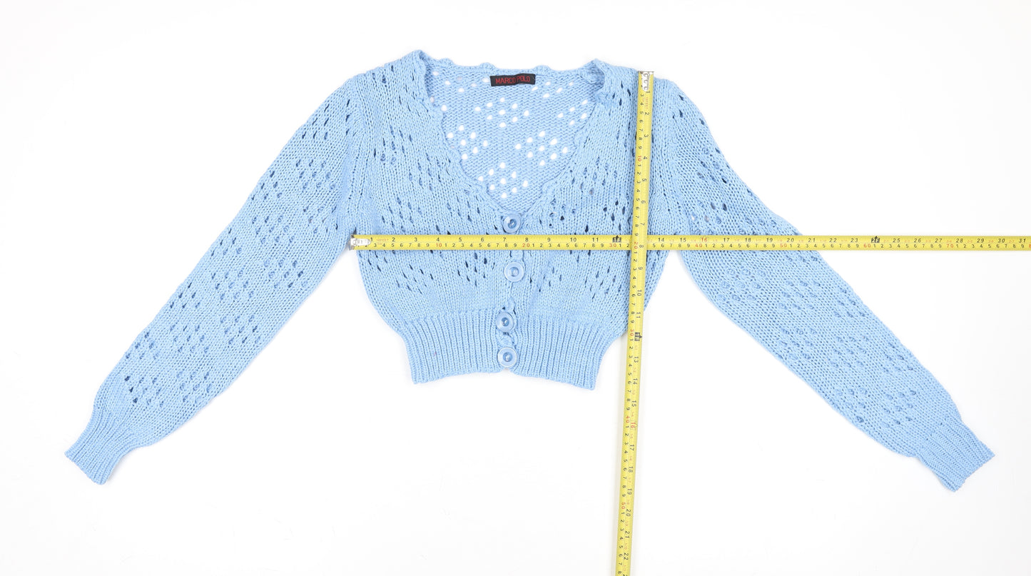 Marco Polo Women Blue V-Neck Open-Knit Button Cardigan M