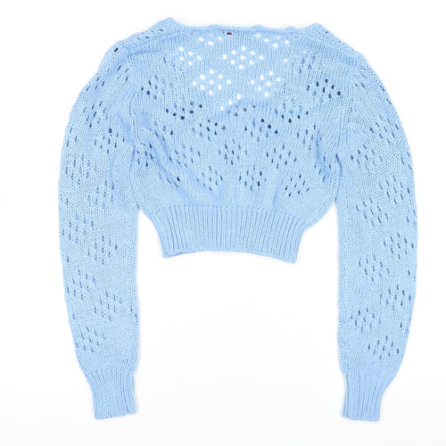 Marco Polo Women Blue V-Neck Open-Knit Button Cardigan M