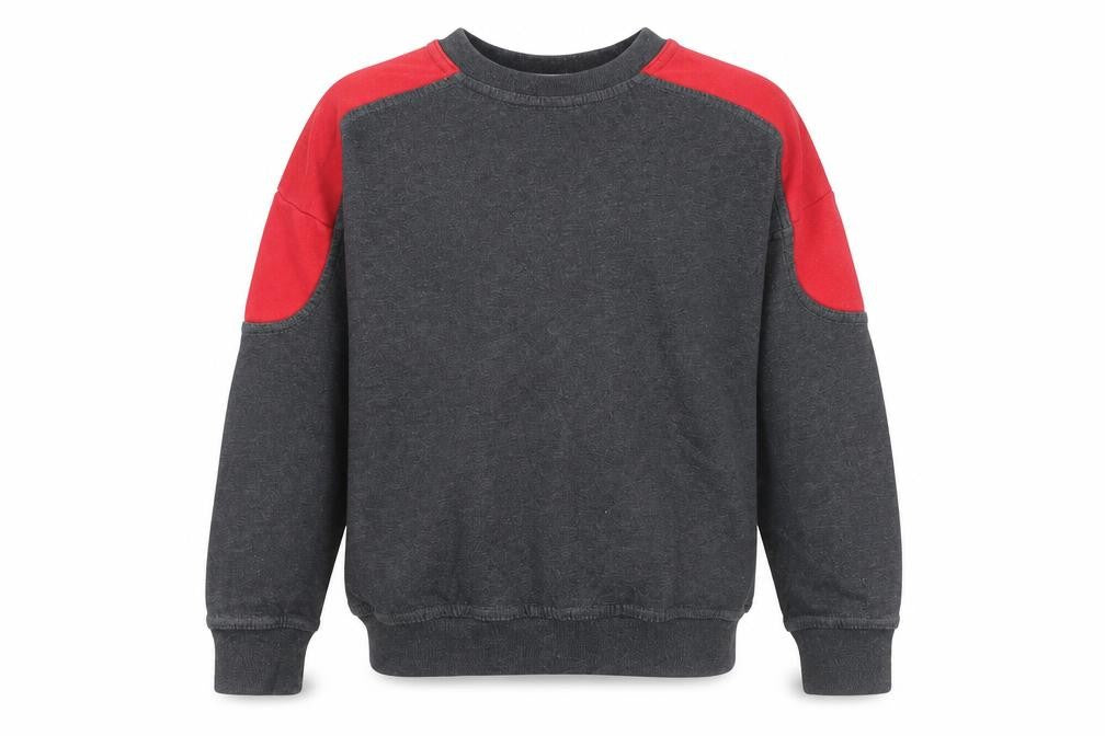 Front view of O'Neill boys’ grey & red colourblock fleece pullover sweatshirt age 6-7 years