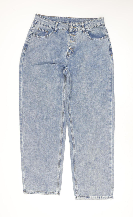 Women's Blue Acid Wash Straight Leg Jeans L 80% Cotton 90s Retro Style