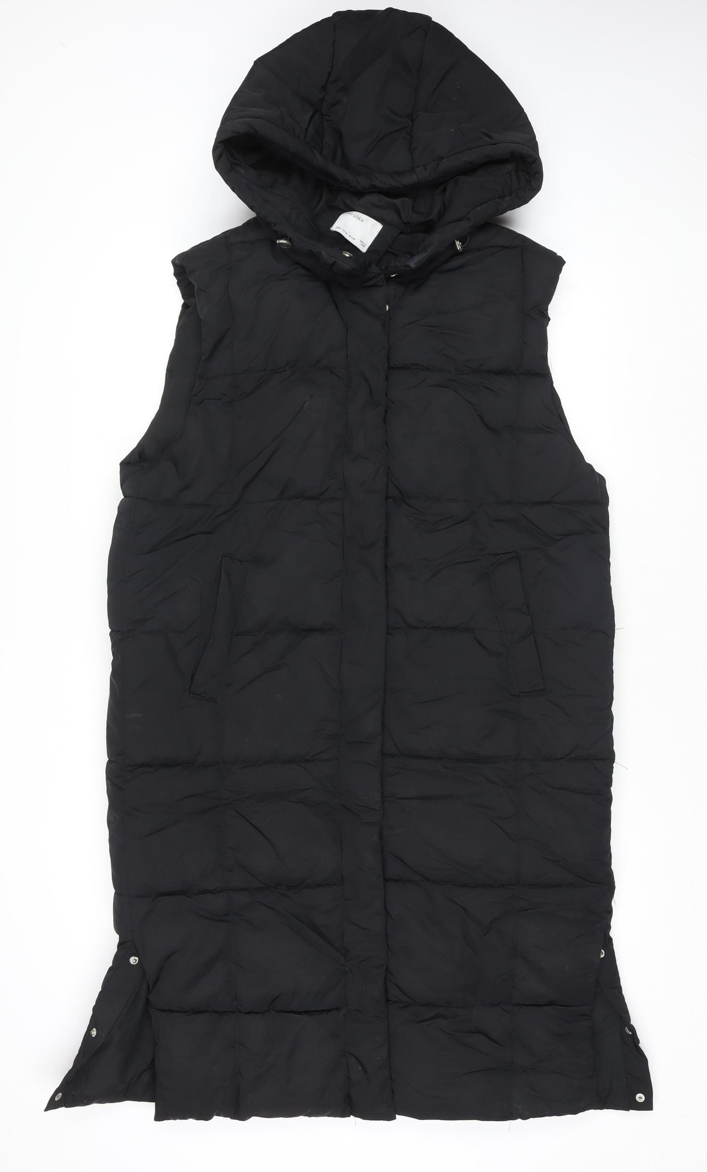 Bershka Women Black Long Puffer Hooded Waistcoat Size 12