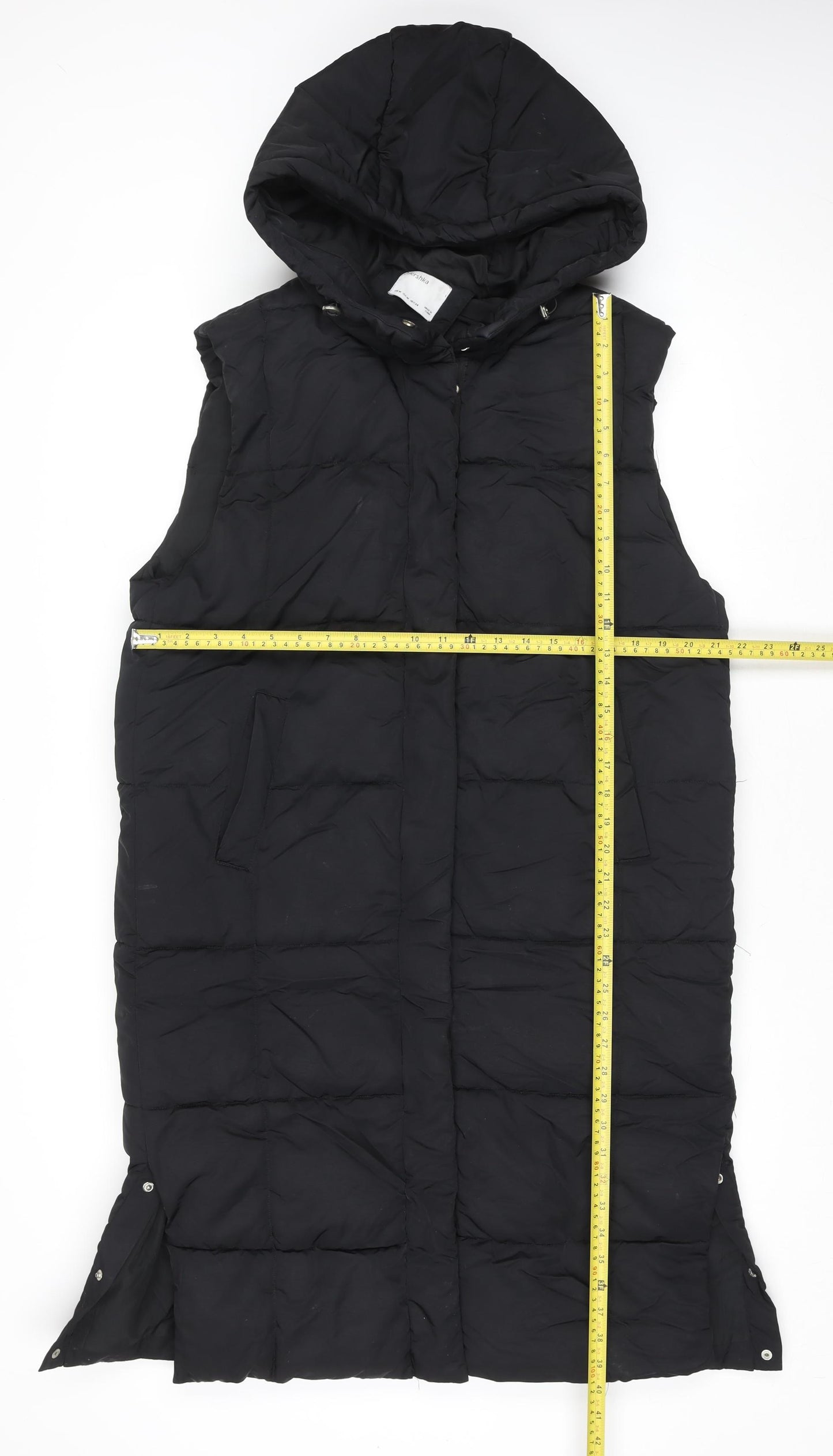 Bershka Women Black Long Puffer Hooded Waistcoat Size 12