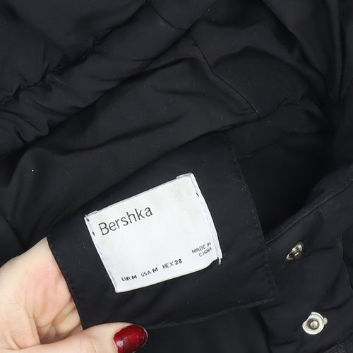 Bershka Women Black Long Puffer Hooded Waistcoat Size 12