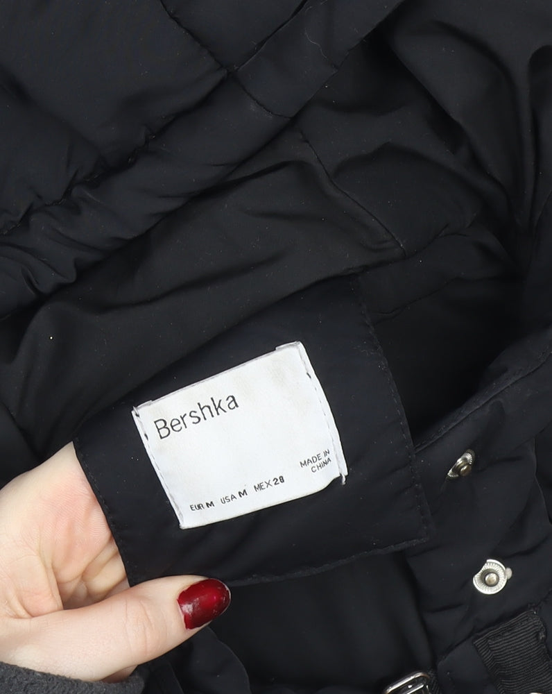 Bershka Women Black Long Puffer Hooded Waistcoat Size 12