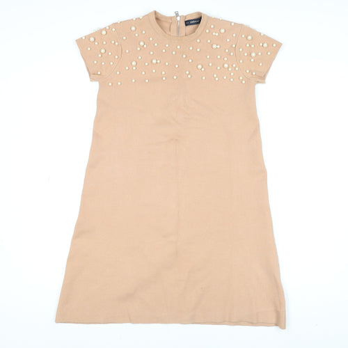 Zara Women Beige Beaded Knit Shift Dress Size 12