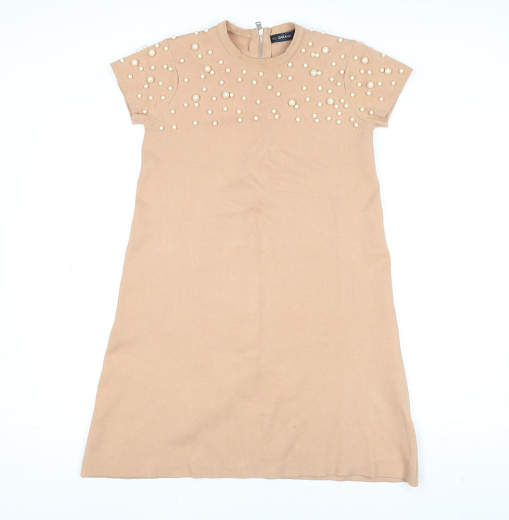 Zara Women Beige Beaded Knit Shift Dress Size 12