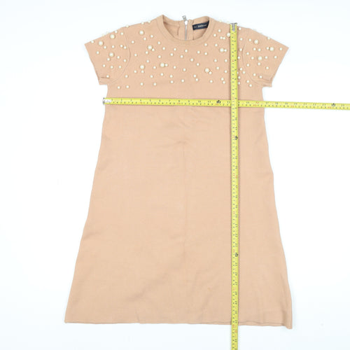 Zara Women Beige Beaded Knit Shift Dress Size 12