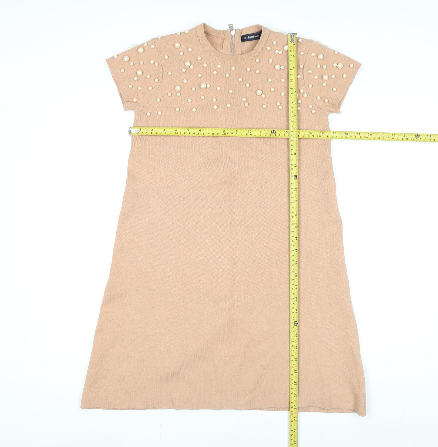 Zara Women Beige Beaded Knit Shift Dress Size 12