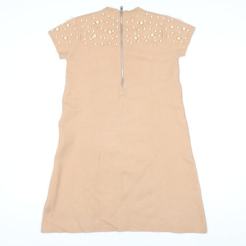 Zara Women Beige Beaded Knit Shift Dress Size 12