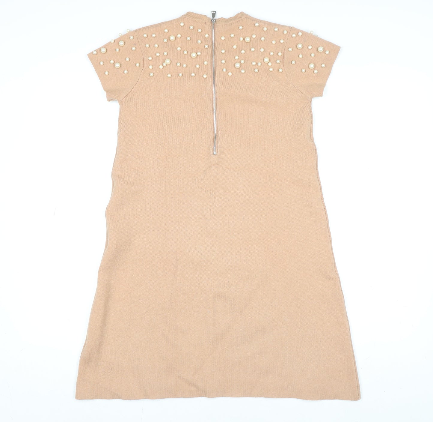 Zara Women Beige Beaded Knit Shift Dress Size 12