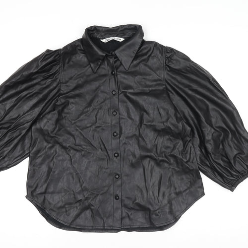 Zara Women Black Faux Leather Collared Button Jacket Size 14