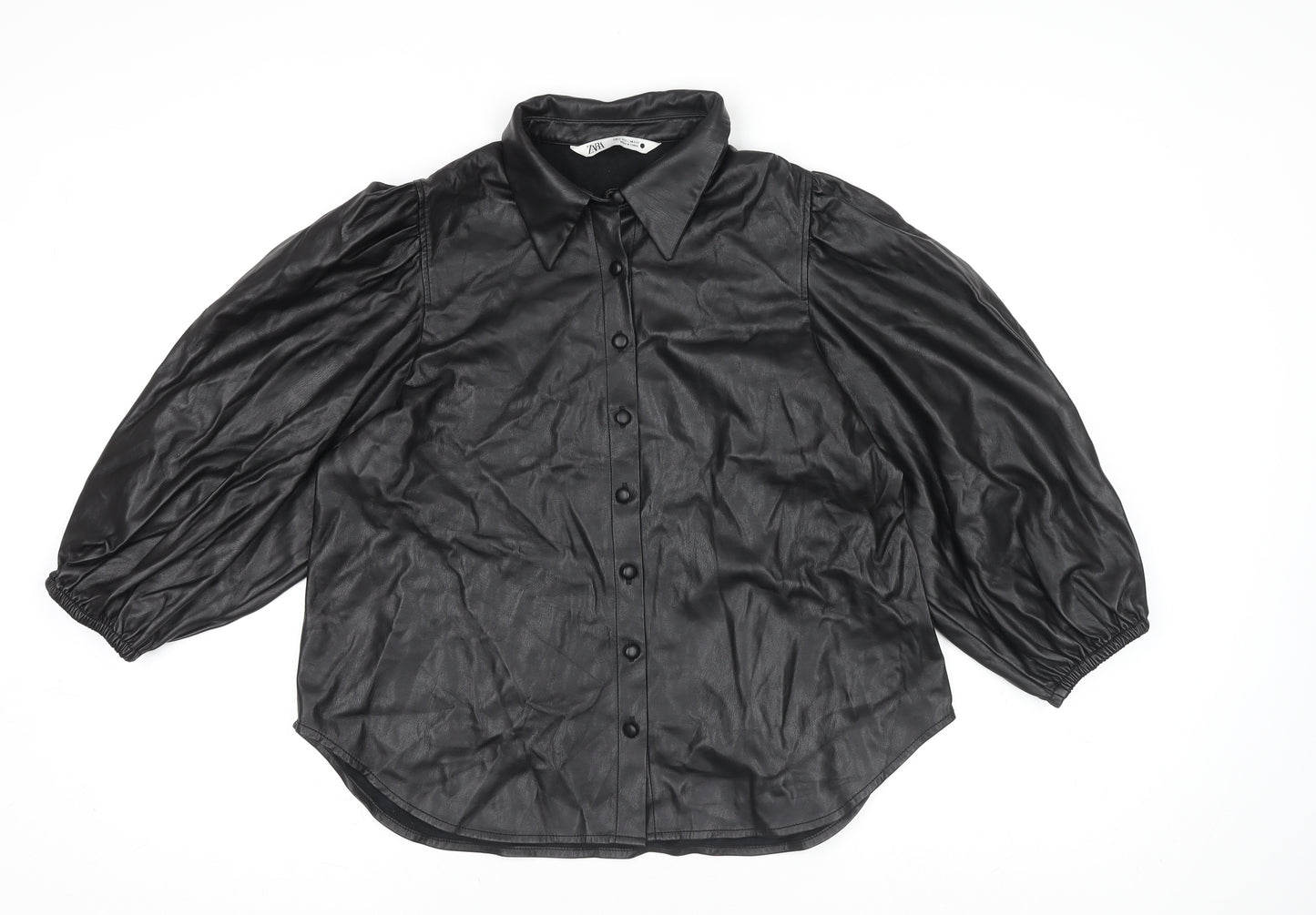 Zara Women Black Faux Leather Collared Button Jacket Size 14