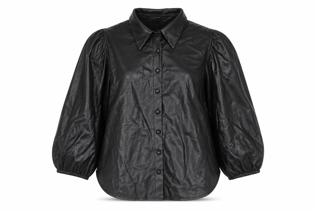 Front view of Zara Women Black Faux Leather Collared Button Jacket, size 14