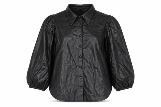 Front view of Zara Women Black Faux Leather Collared Button Jacket, size 14