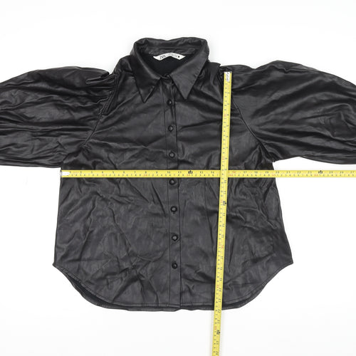 Zara Women Black Faux Leather Collared Button Jacket Size 14