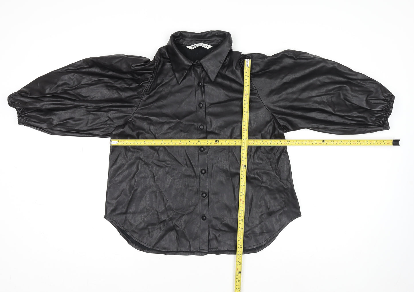 Zara Women Black Faux Leather Collared Button Jacket Size 14
