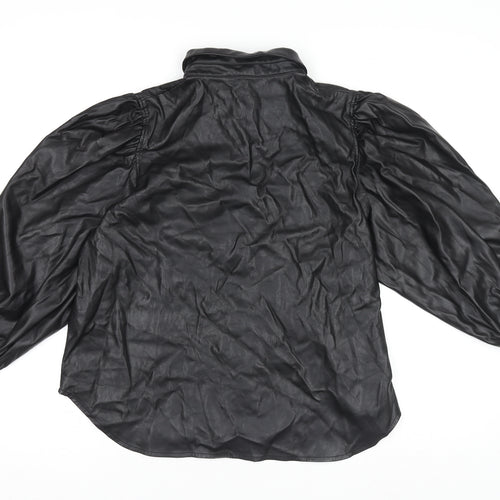 Zara Women Black Faux Leather Collared Button Jacket Size 14