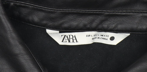 Zara Women Black Faux Leather Collared Button Jacket Size 14