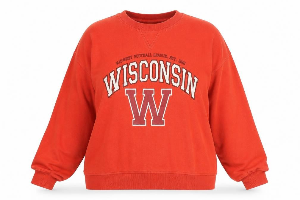 Front view of H&M women’s red wisconsin graphic pullover sweatshirt xl cotton blend