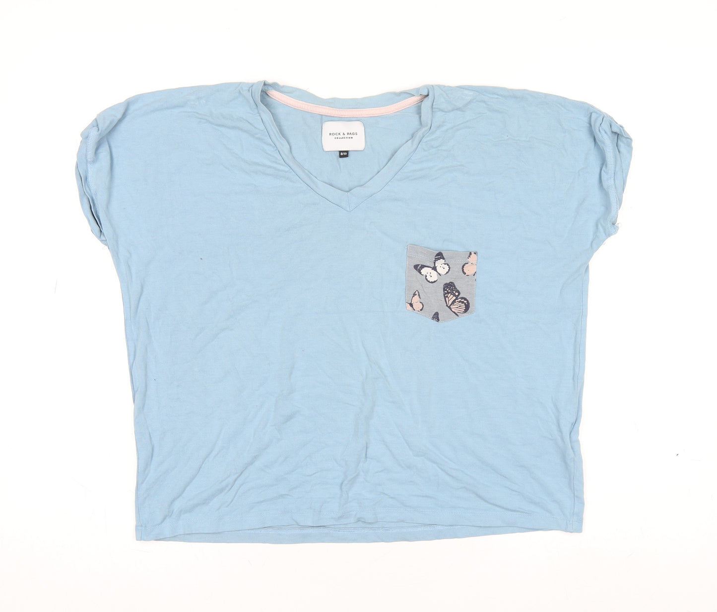 Rock & Rags Women's Blue Butterfly Pocket V-Neck Cotton T-Shirt Size 8-10