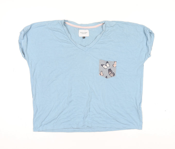 Rock & Rags Women's Blue Butterfly Pocket V-Neck Cotton T-Shirt Size 8-10