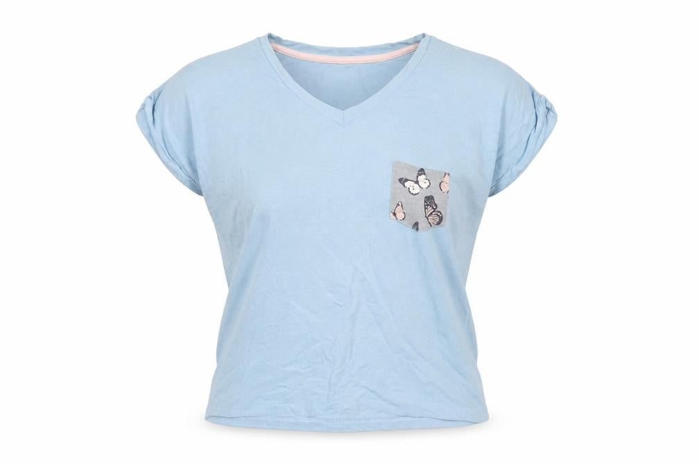 Rock & Rags Women's Blue Butterfly Pocket V-Neck Cotton T-Shirt Size 8-10