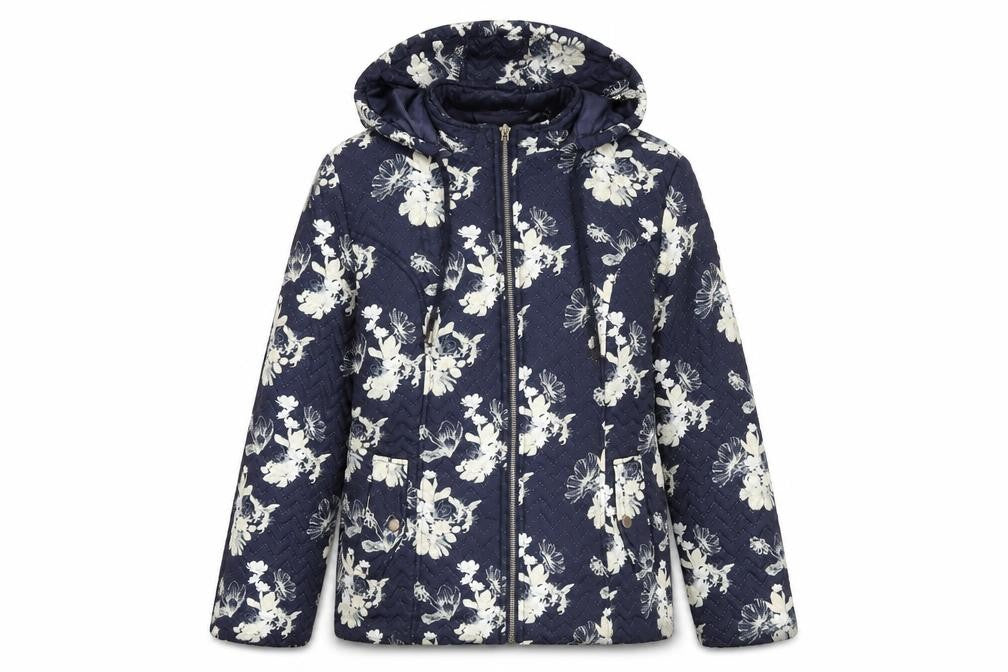Front view of Gerard Women Blue Floral Hooded Puffer Jacket S