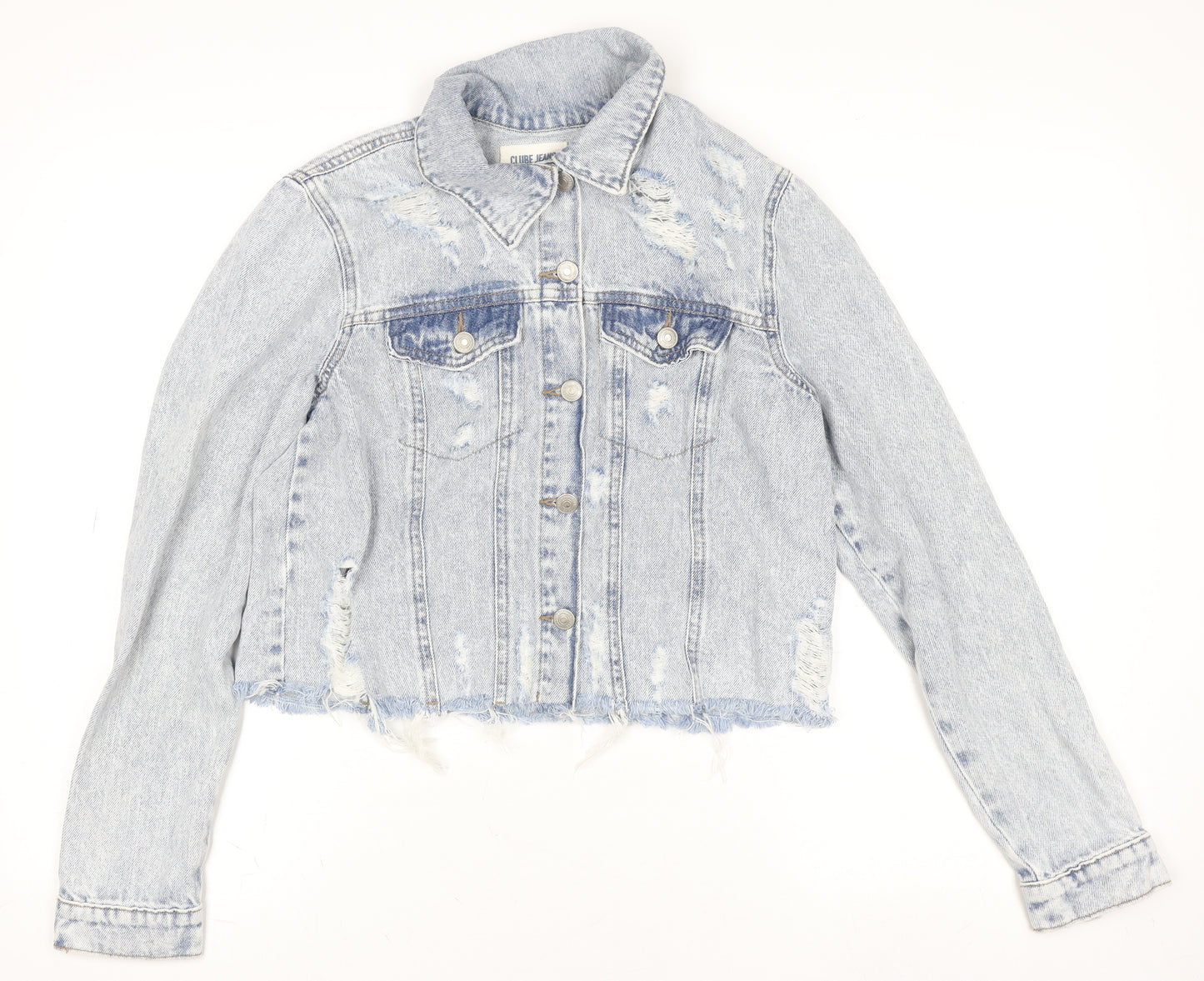 Clube Jeans Womens Blue Cropped Distressed Denim Jacket Size S