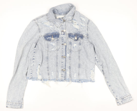 Clube Jeans Womens Blue Cropped Distressed Denim Jacket Size S